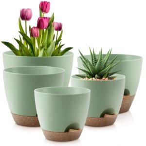 QRRICA Self Watering Plant Pots Set Of 5 10 9 8 7.5 7 Inch Green