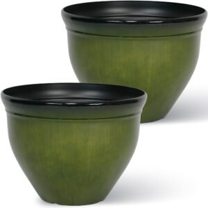 Worth Garden 16-Inch Round Green Plastic Planters 2-Pack Drain Holes